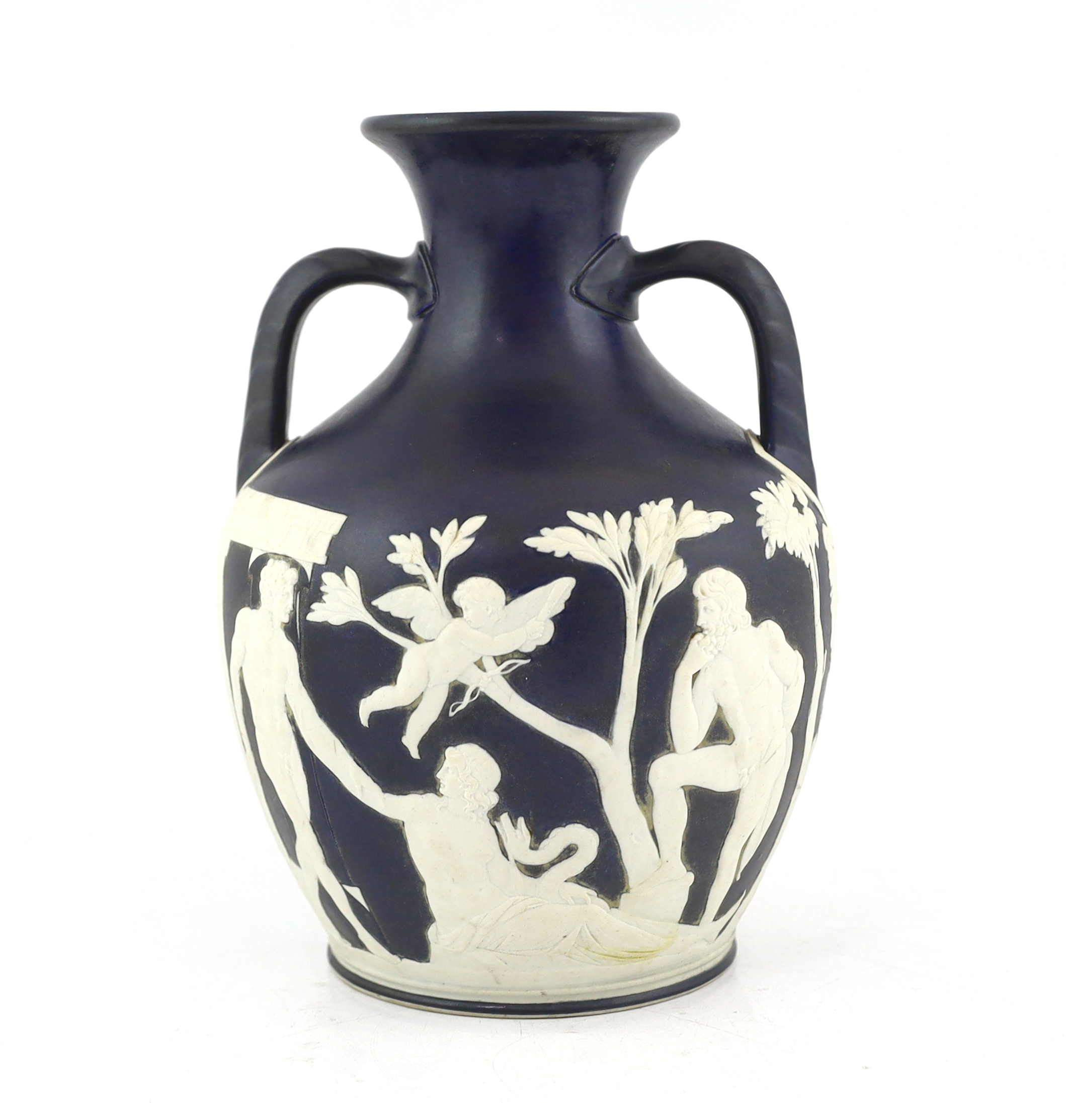 A Wedgwood dark blue glazed and white sprigged replica of the Portland vase, late 19th century